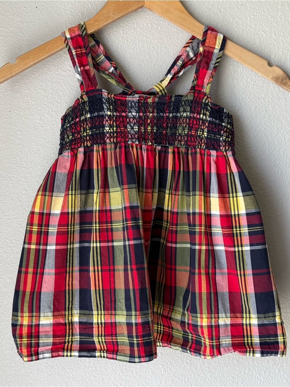 Oshkosh B’gosh Plaid Smocked Cotton Sundress Top Girls Size 7 Bow Tie Detail